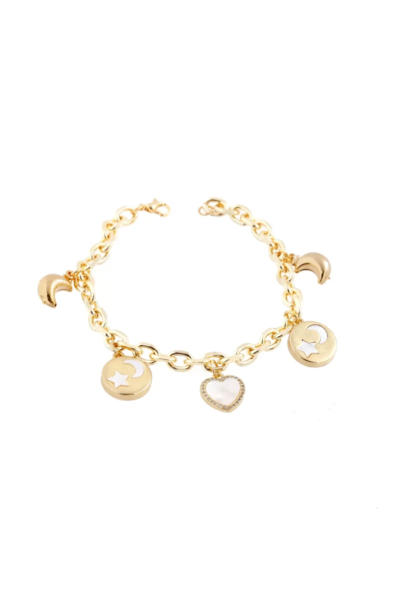Pulsera en baño de oro 24k con dijes de luna y estrella. Marca Brazz by Roel